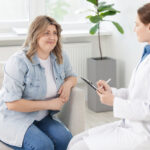 Woman learning about GLP-1 weight loss treatment and healthy long-term weight management support